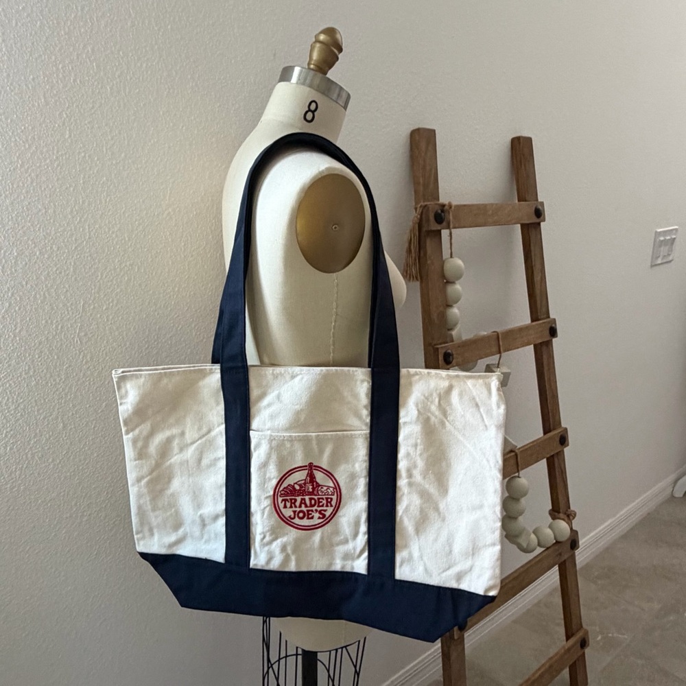 Trader Joe's Classic Large Cream and Dark Blue/Black Reusable Tote Bag